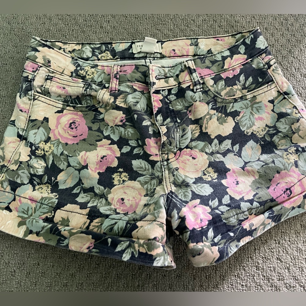 Forever 21 Pink and Green Jean Shorts with Floral Design